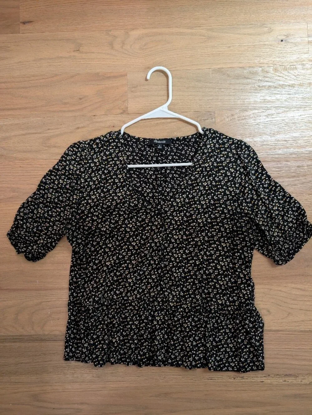 Madewell Black Floral Puff Sleeve Peplum Top Size M
